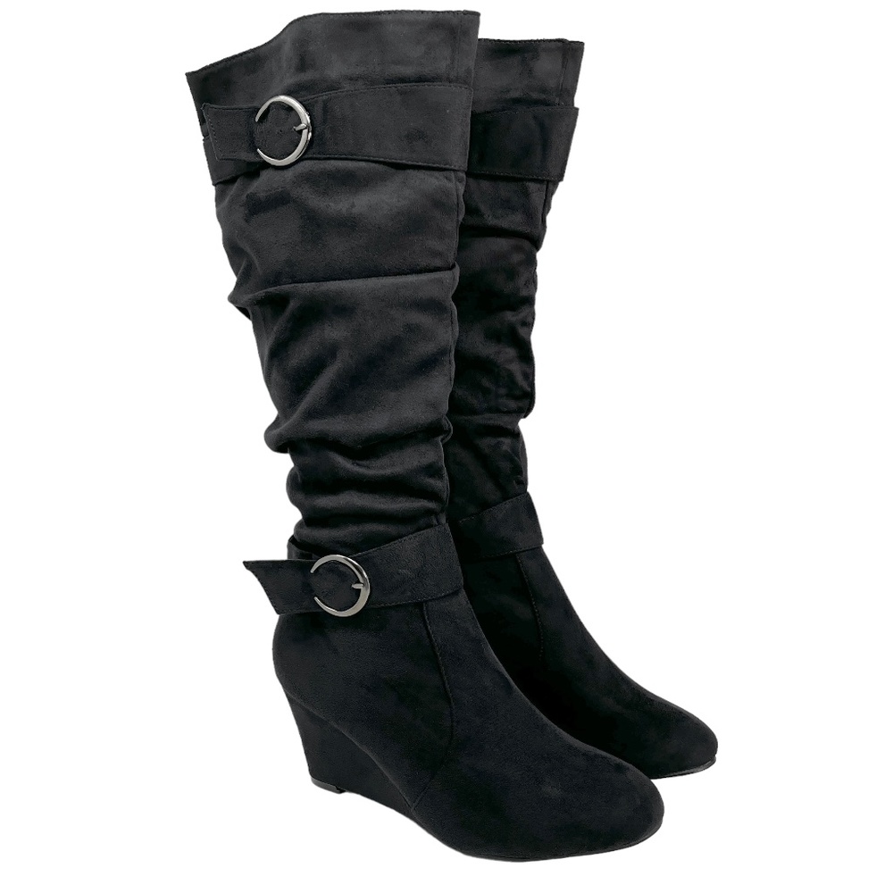 🆕 Charles Albert Boots Size 10 Wedge Suede Knee High Tall Ruched Buckles Black